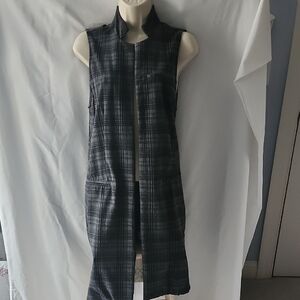 Ruff Hewn Sleeveless Long Plaid Open Front Vest - Black/Grey